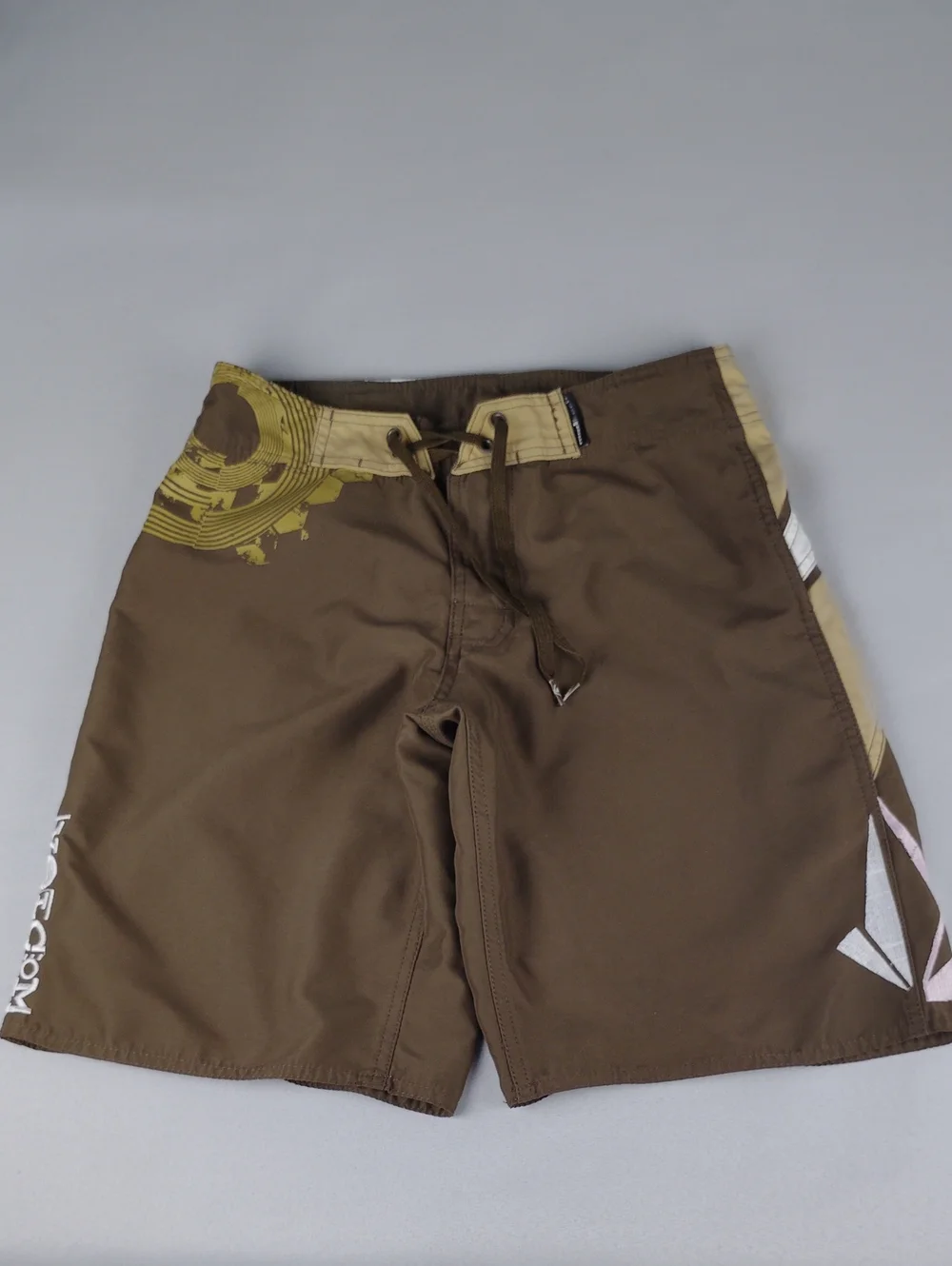 Volcom Brown Boardshorts with Yellow Graphic Accents